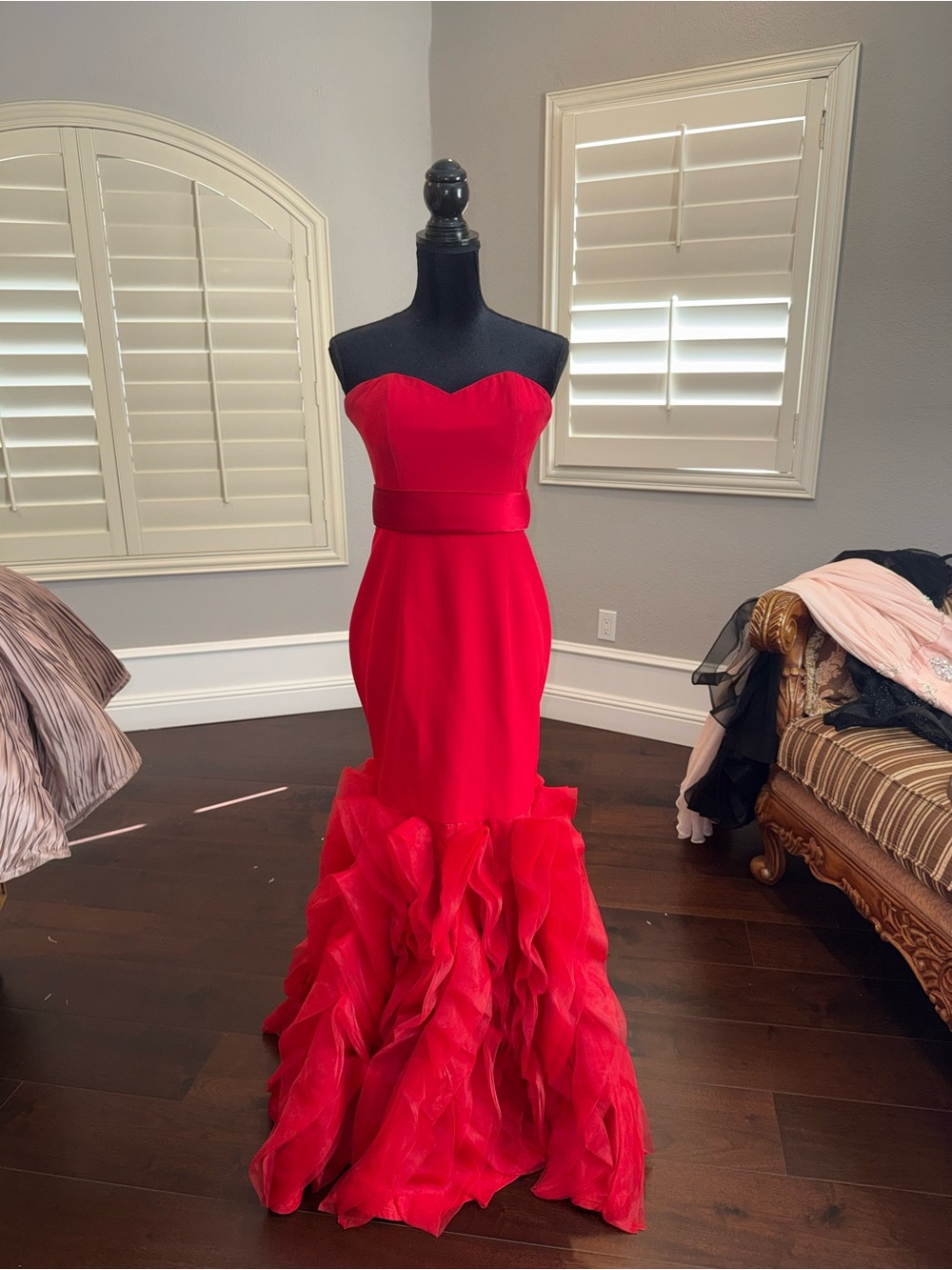 Jovani Strapless Red Ruffle-Hem Mermaid Gown